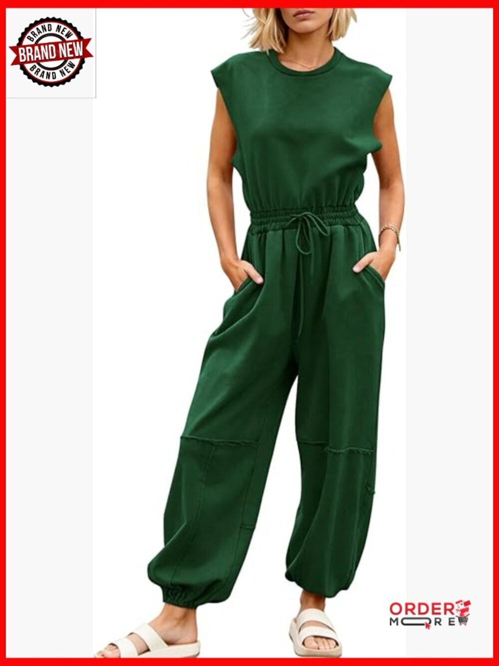 Women's Casual Jumpsuit with Pockets Cap Sleeve Drawstring Romper One Piece